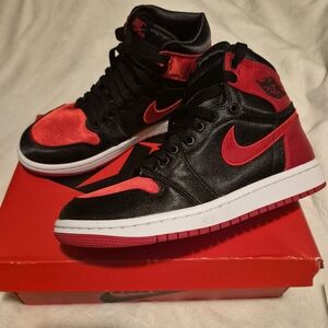 Nike Air Jordan 1 Retro Black and Red Satin High Top OG Sneakers